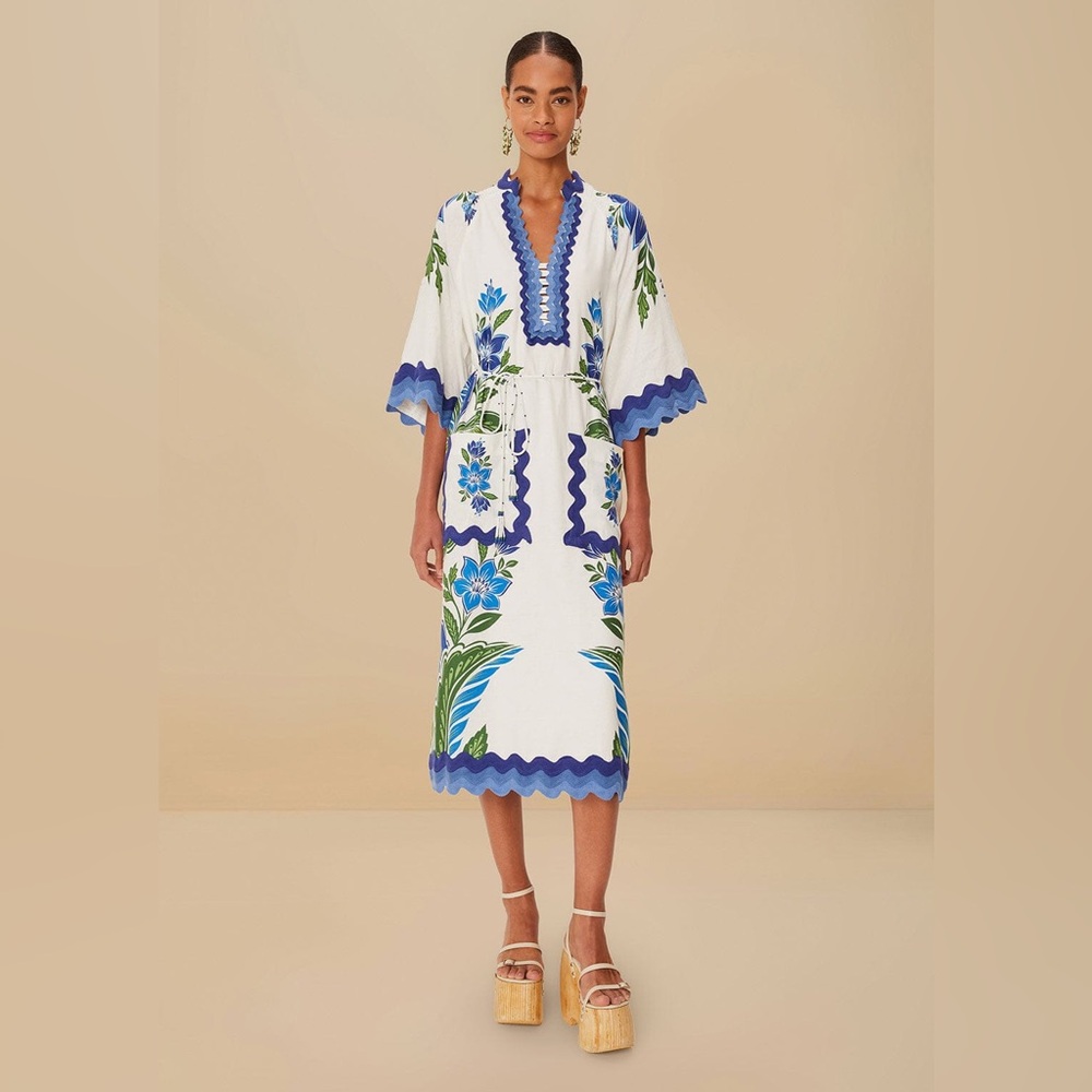 FARM Rio White Midi Dress with Blue and Green Floral Trim